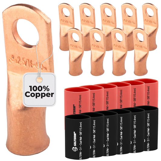 SELTERM 10pcs - 2 Awg - 5/16" Stud - Battery Lugs - Ring Terminal Connectors | with 12pcs 3:1 Black & Red Heat Shrink Tubing with Adhesive | Heavy Duty Battery Cable Ends - Bare Copper Wire Lugs Kit