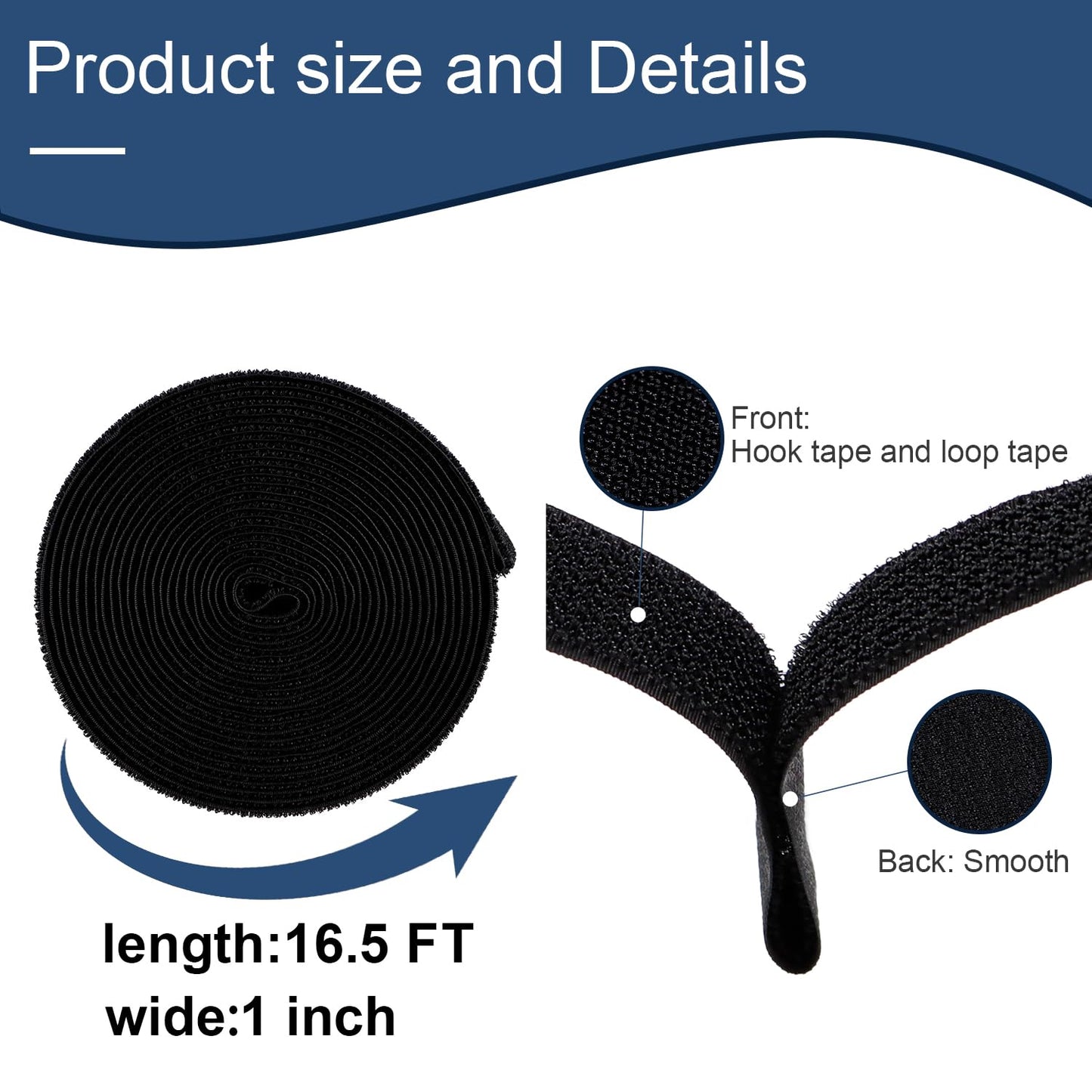 Hook and Loop Cable Straps 1" x 16.5 Ft with 24 Buckles Adjustable Fastening Reusable Nylon Securing Cord Cinch Strap Ties Free Cut for Cable Management RV Workshop DIY (Black)