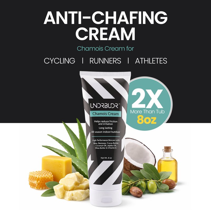 UNDRBUDR Chamois Cream for Cycling, Runners, Athletes - Anti Chafing Cream for Men and Women with Aloe, Shea Butter & Vitamin E - Reduces Saddle Sores, Low Friction Formula (8 oz)