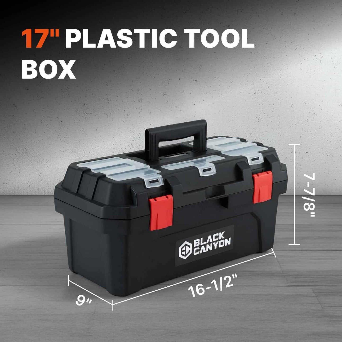 Black Canyon 17 Inch Plastic Tool Box, Support up to 44 lbs, w/Handle, Polypropylene, Dual-Layer Design, Flexible for Stacking, Top-Lid Storage, Ideal for DIY, Workshop, Job Site Organization