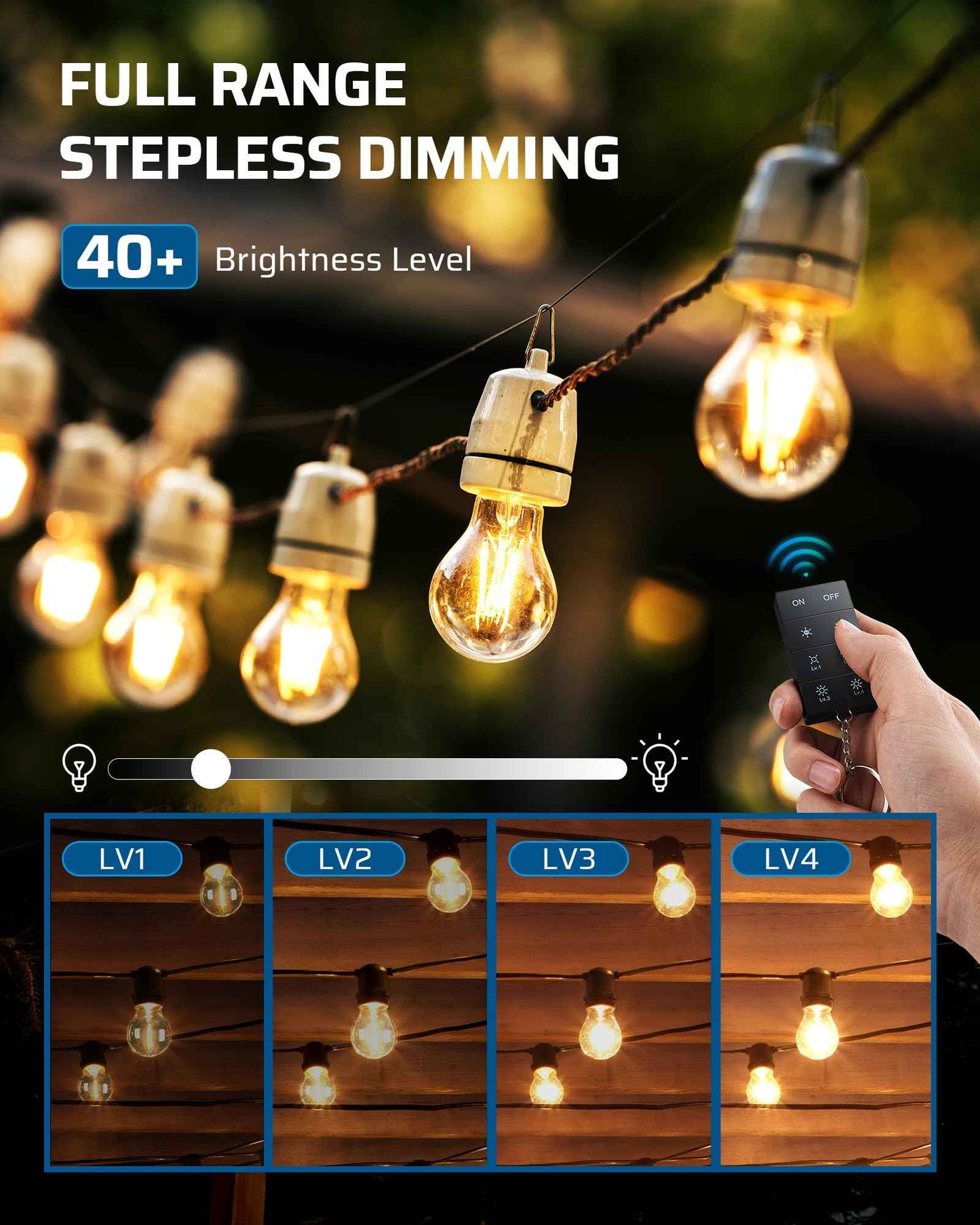 DEWENWILS Outdoor Dimmer for String Lights, 100FT Remote Range, IP44 Waterproof Plug-in Dimmer for Garden, Patio, Porch, 4 Level Brightness Button, Max 150W Dimmable LED/300W Tungsten Bulbs