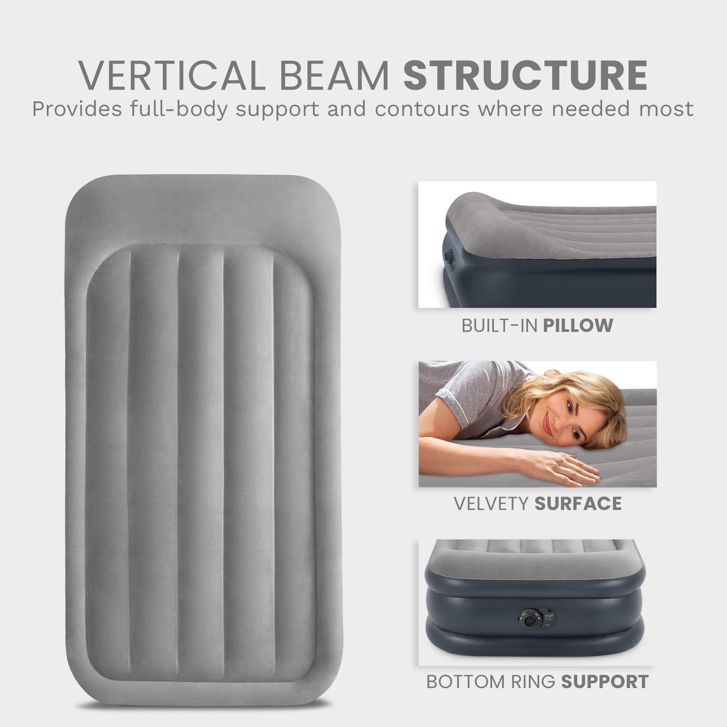 Intex 64131ED Dura-Beam Plus Deluxe Pillow Rest Air Mattress: Fiber-Tech – Twin Size – Built-in Electric Pump – 16.5in Bed Height – 300lb Weight Capacity