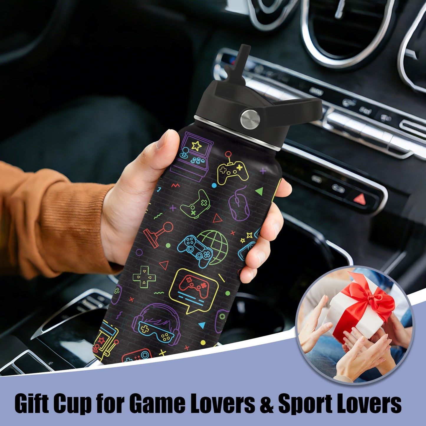 CGMIBAS Gamer Water Bottle 32oz - Insulated Stainless Steel with Straw, Leak Proof Lid - Ideal Gaming Gifts for Kids Boys Teens - BPA-Free Sports Bottle for School, Travel & Gaming