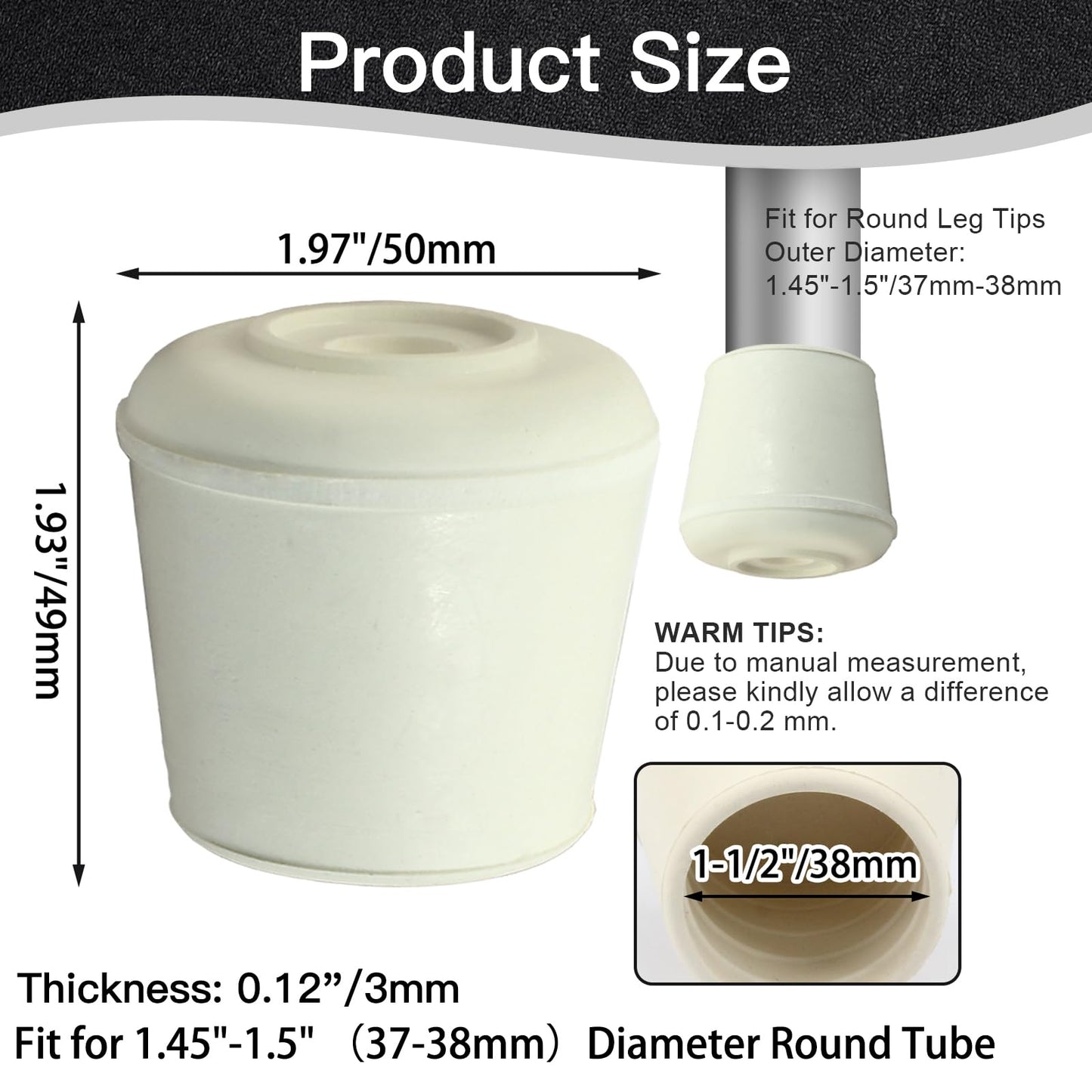 suiwotin 4pcs 1-1/2 Inch Round Chair Leg Tips Caps, Non-Slip Rubber Chair Leg Floor Protectors, White Furniture Leg Caps Fit for 1.45"-1.5" (37-38mm) Diameter Round Feet