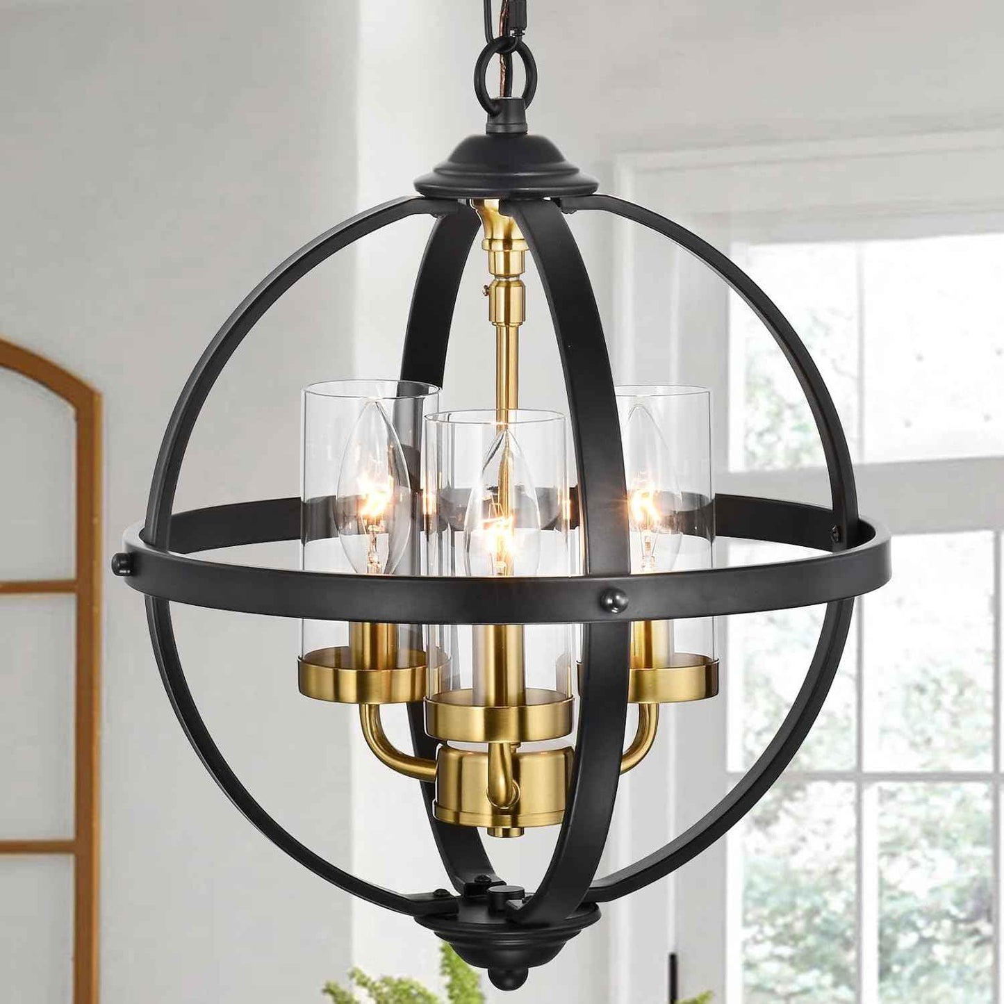 Rustic 14" Farmhouse Chandelier - Vintage Black & Gold 3-Light Pendant Light for Kitchen, Dining Room & Entryway
