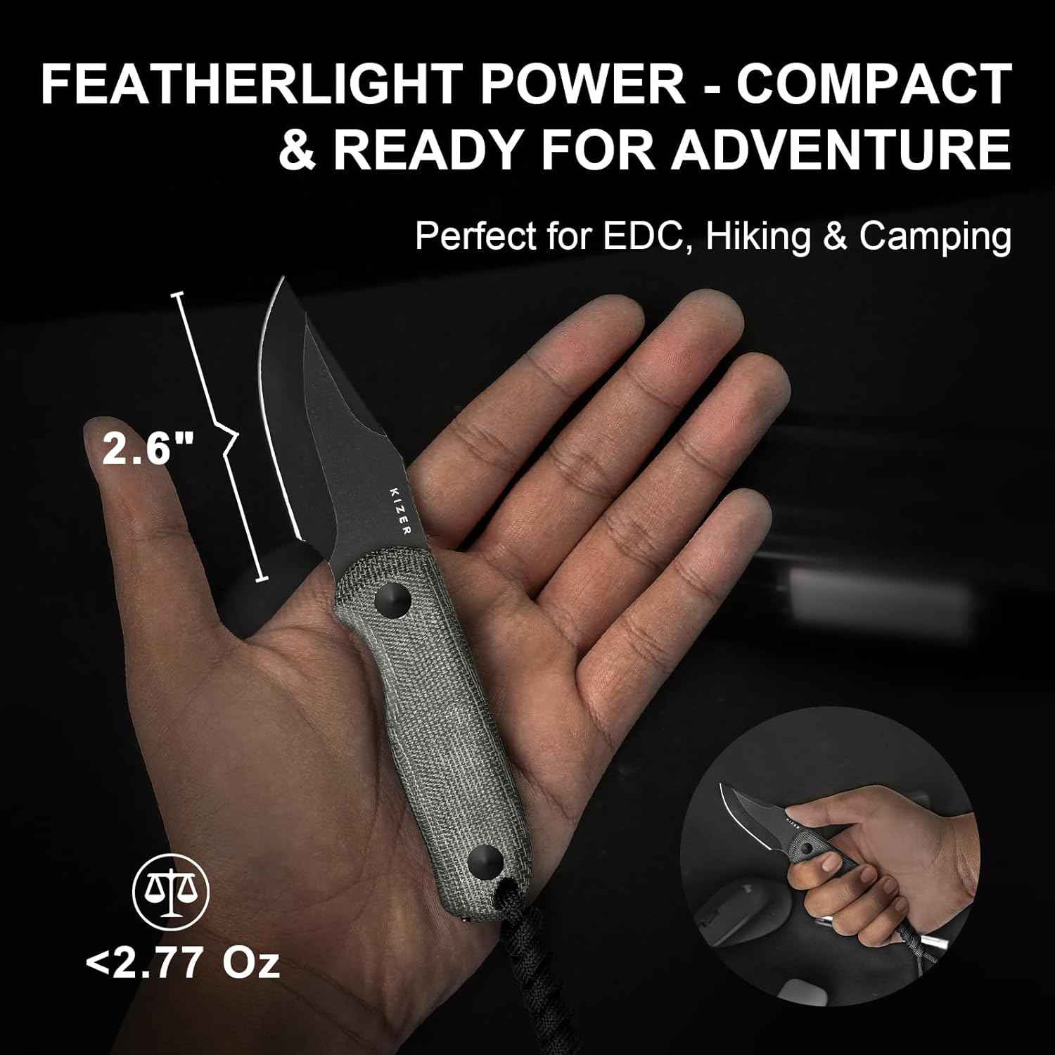Kizer Drop Bear EDC Fixed Blade Knife - 2.57" 14C28N Blade, Yellow PEI Handle, Compact Survival Knife with Kydex Sheath