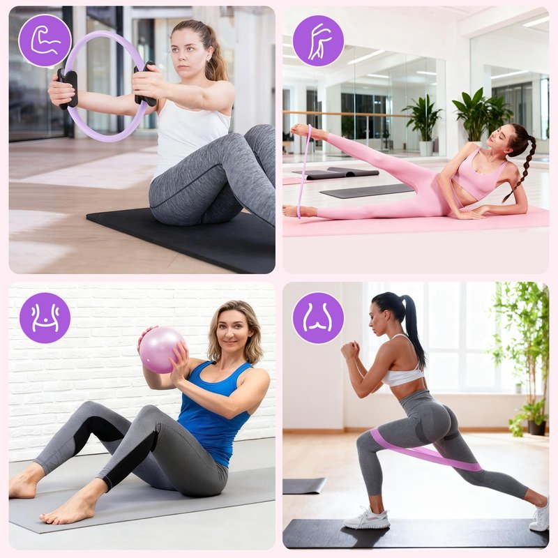 Pilates Kit, Pilates Essentials Kit for Women, 15” Pilates Ring and Ball Set with Resistance Bands, Magic Circle Ring with Figure 8 Resistance Band, Pilates Equipment for Home Workouts Purple