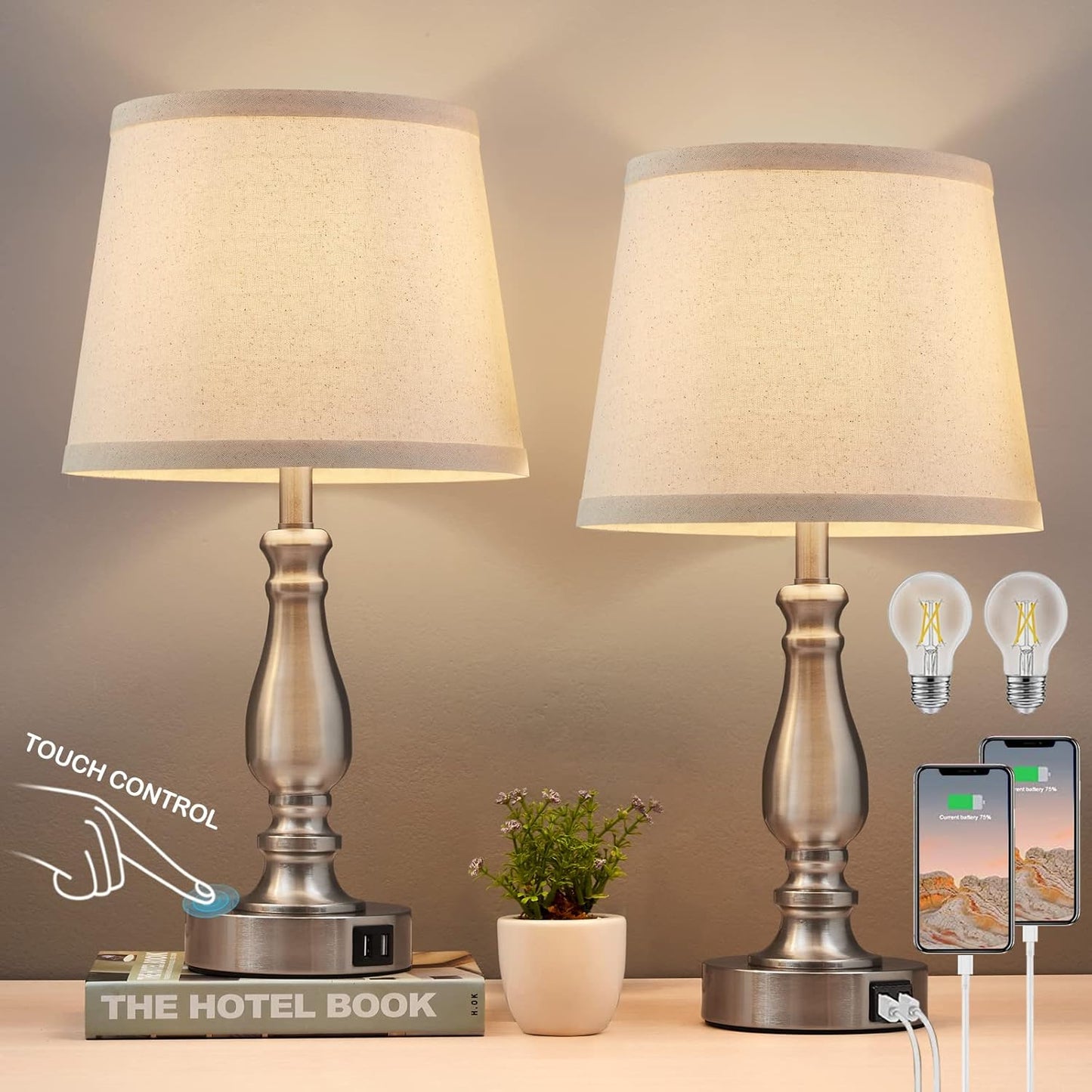 Touch Bedside Table Lamps Set of 2 with USB C+A Ports - 3-Way Dimmable Linen Shade