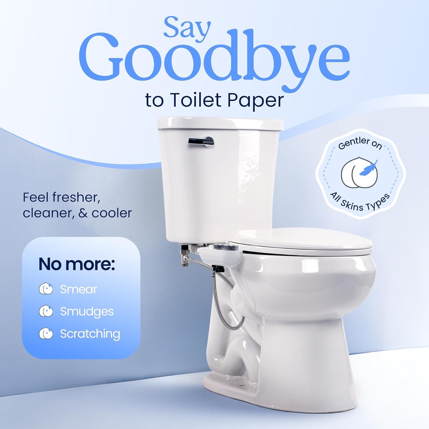 Non-Electric CLEAR REAR Bidet Attachment for Toilet - Self-Cleaning Dual Nozzle, Adjustable Pressure, White