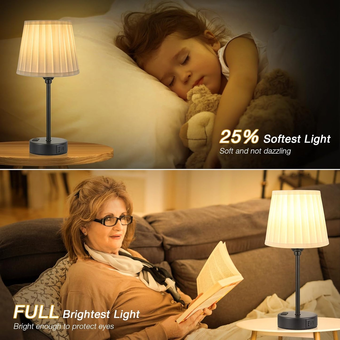 Set of 2 Mini Bedside Lamps with USB-C & AC Outlet - Dimmable Touch Nightstand Lights for Bedrooms