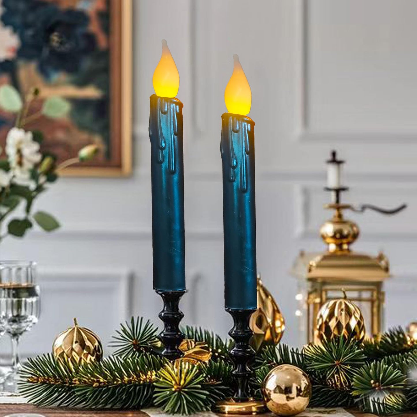 LINCOUNTRY.Primitive Wax Black Flameless Taper Candles Flickering Led Dripped Battery Operated Taper Candles with Timer,6.75 Inch 3D Wick, Christmas Home Halloween Fireplace Decor