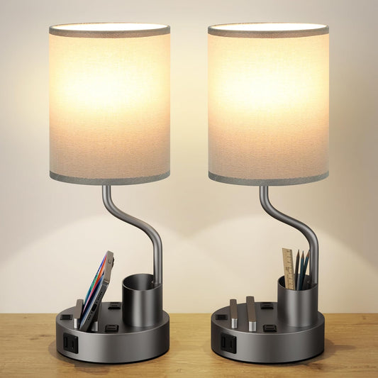 Set of 2 Bedside Table Lamps with USB & AC Outlet - 3 Color Temperatures, Desk Light & Phone Stand for Bedroom, Living Room, Office