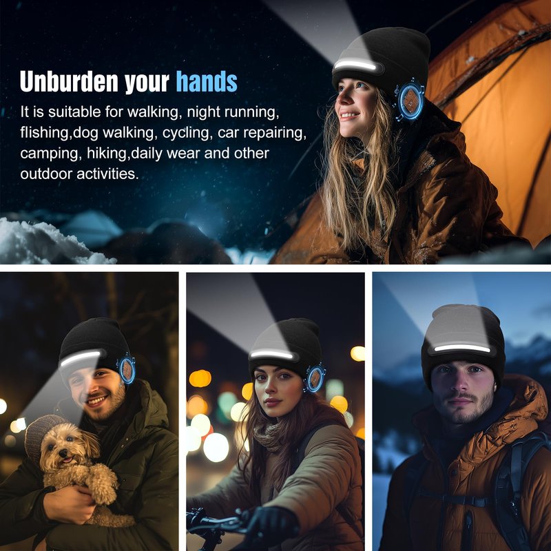 MUSIC Bluetooth Beanie Hat with LED Light for Men Women,Winter Warm Hat with 3-Modes Headlamp, Hands-Free Calling, Ideal Knitted Cap for Fishing Walking Shoveling Snow