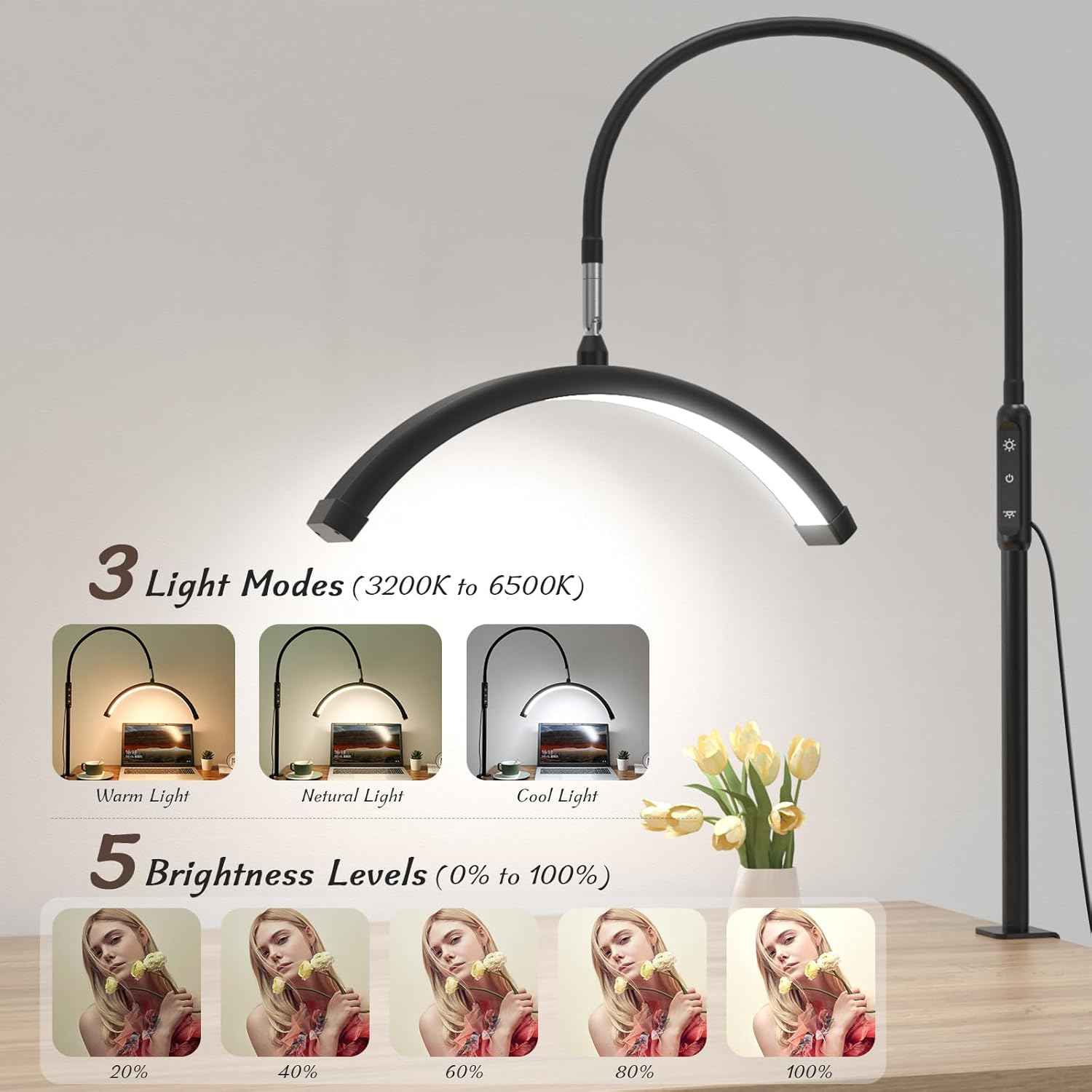 LED Half Moon Clamp Desk Lamp for Nail Art & Skincare - 5 Brightness Levels, Remote Control
