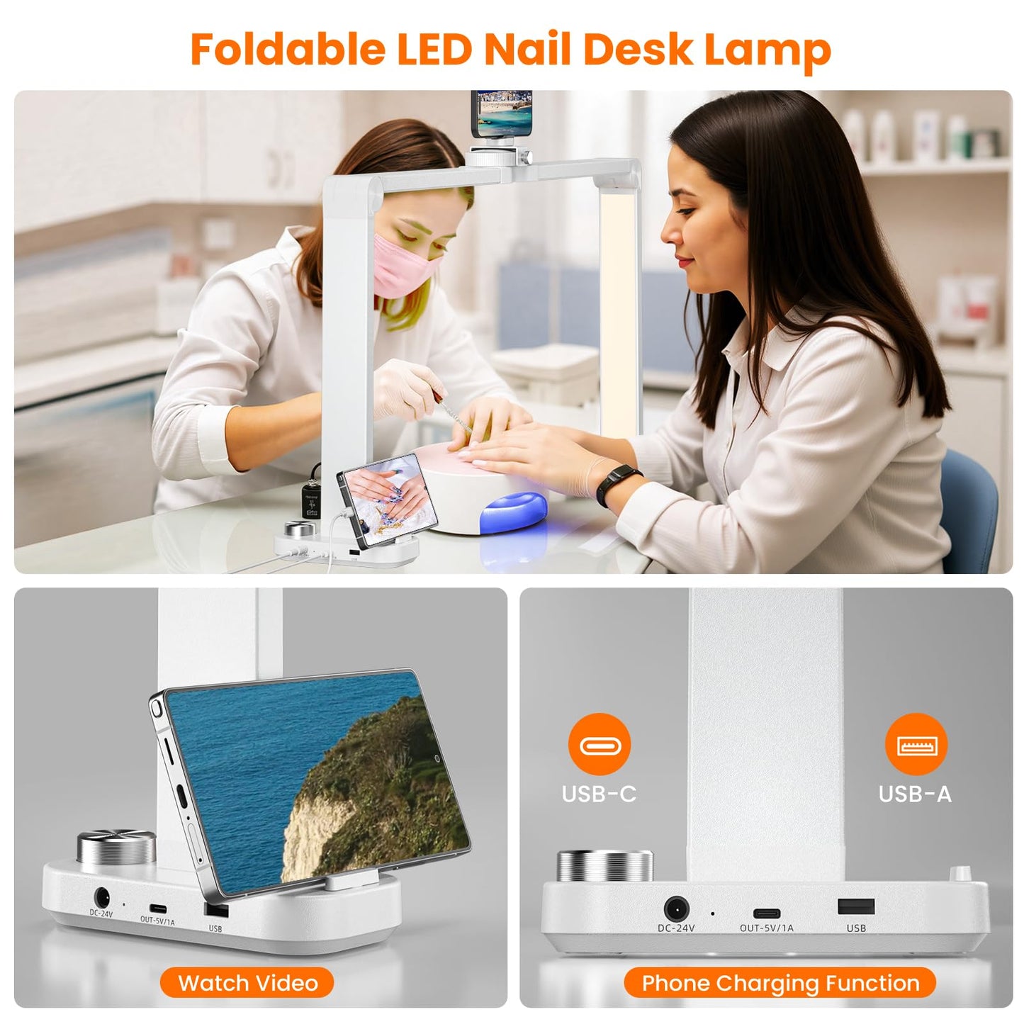 TiInsta Nail Light for Desk,34 Inch 48W Half Moon Light-Adjustable 3000K-6000K Color Temp, 0-100% Brightness,Nails lamp with Phone Stand,for Nails Art,Tattoo,Eyebrow,Beauty,Reading,Salon