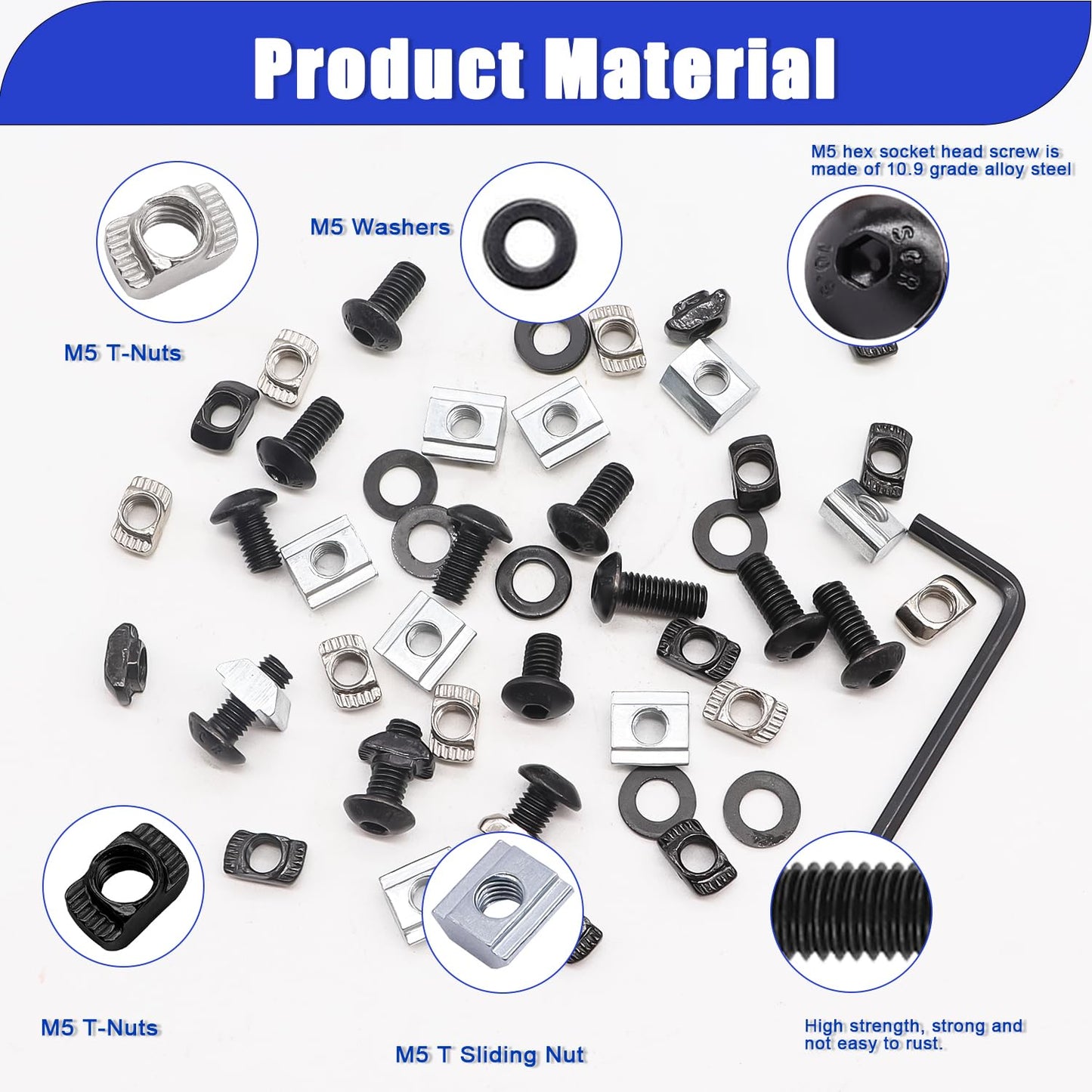 Taiss 275PCS M5 T-Nuts Screws Assortment Kit for 2020 Series Aluminum Extrusion,T Sliding Nut,Button Head Socket Cap Head Bolts and Nut & Washers for Mlok Screws and Nuts Replacement with Wrench