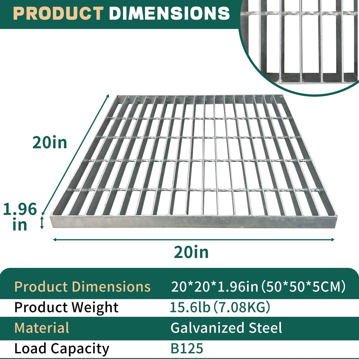 Tongmo 1.9IN Thick Galvanized Steel Drain Grate, B125 Class Sewer Grate, Weather-Resistant Outdoor Drain Cover, Heavy Duty Channel Grate, Silver Square Drainage Grate (19.6 * 19.6 * 1.9IN)