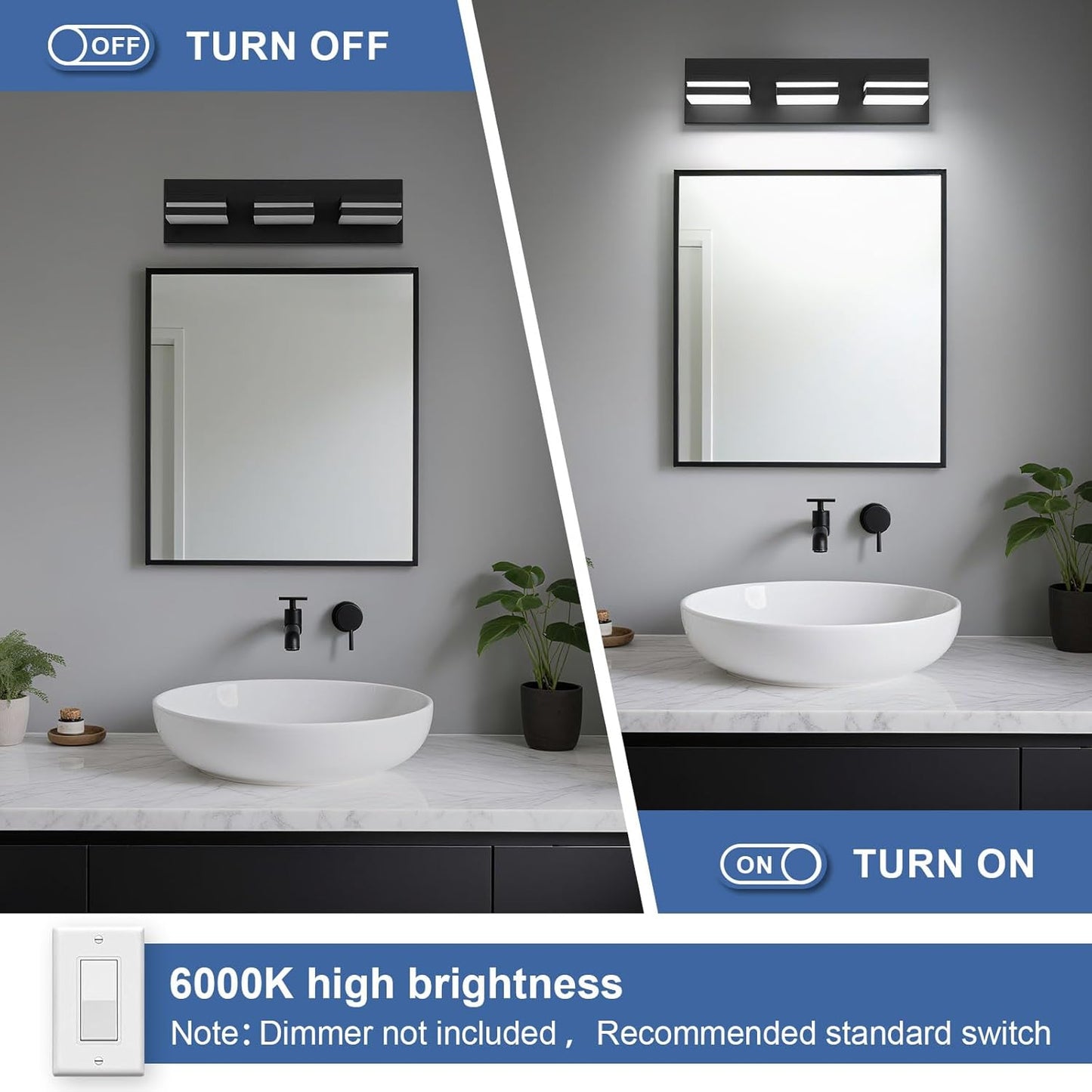 3-Light Modern LED Bathroom Vanity Light Fixture - Black Metal & Acrylic, 16-inch Over Mirror Lighting