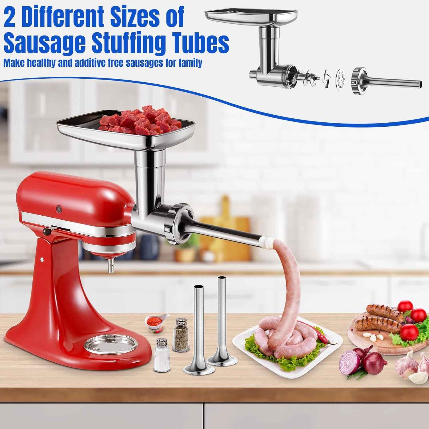 Stainless Steel Meat Grinder Attachment for Mixers - Sausage Stuffer, Dishwasher Safe