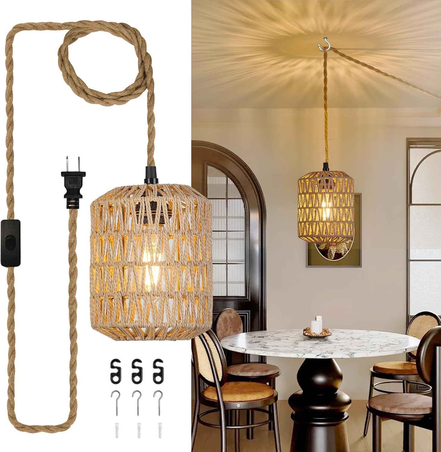 Boho Rattan Pendant Light with 3 Bulbs & 22ft Cord - Woven Hanging Chandelier for Bedroom, Kitchen, Hallway