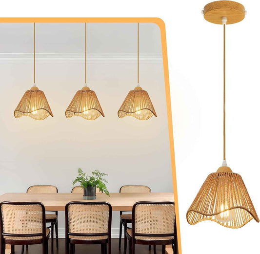 Rattan Chandelier Pendant Lights - 3 Pack Adjustable Height Boho Farmhouse Ceiling Fixtures for Kitchen & Dining Room