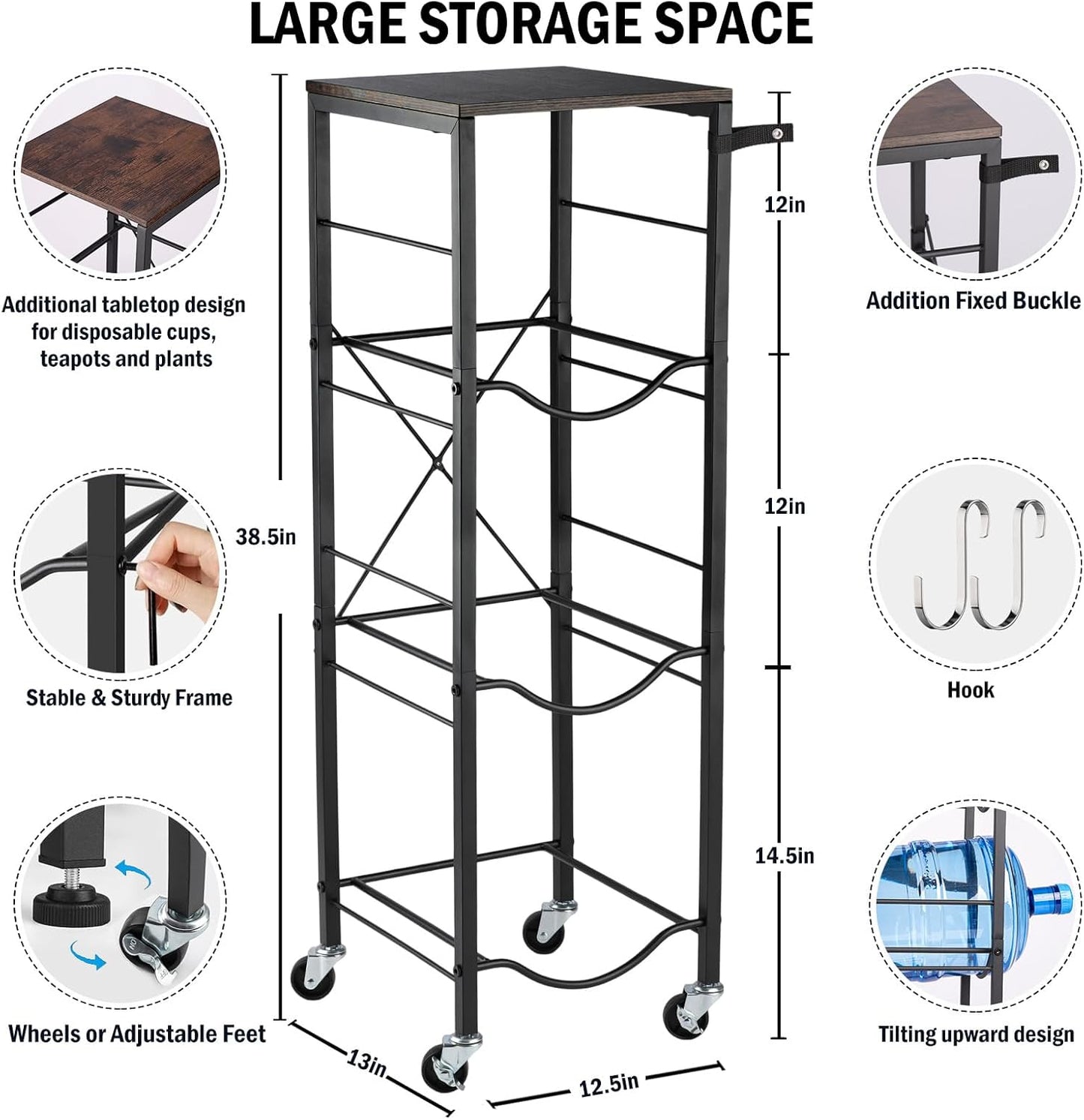 5 Gallon Water Jug Holder with Wheels - 3-Tier X-Shape Rack for Kitchen & Office Storage