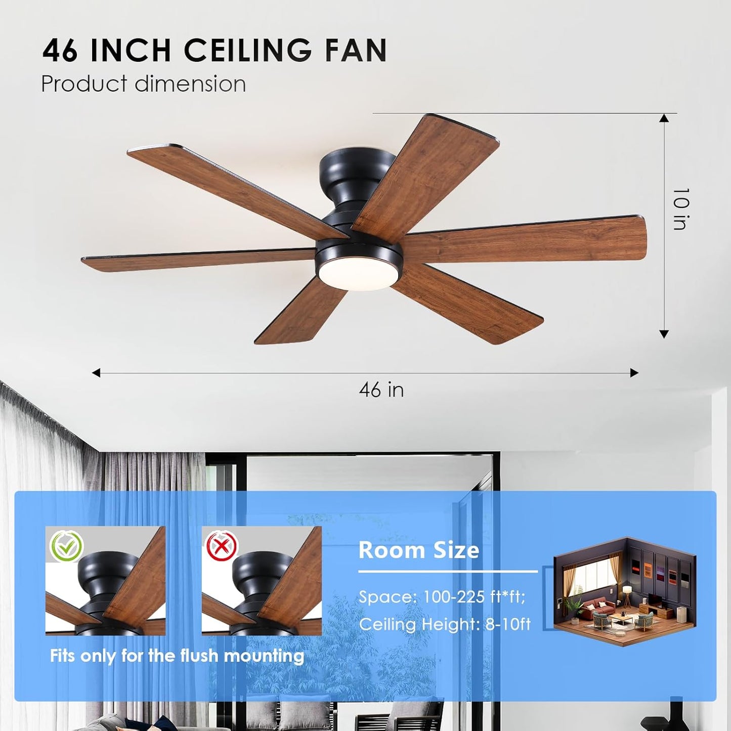 46” Black Low Profile Ceiling Fan with Lights & Remote Control - Dimmable, Noiseless, Reversible for Bedroom