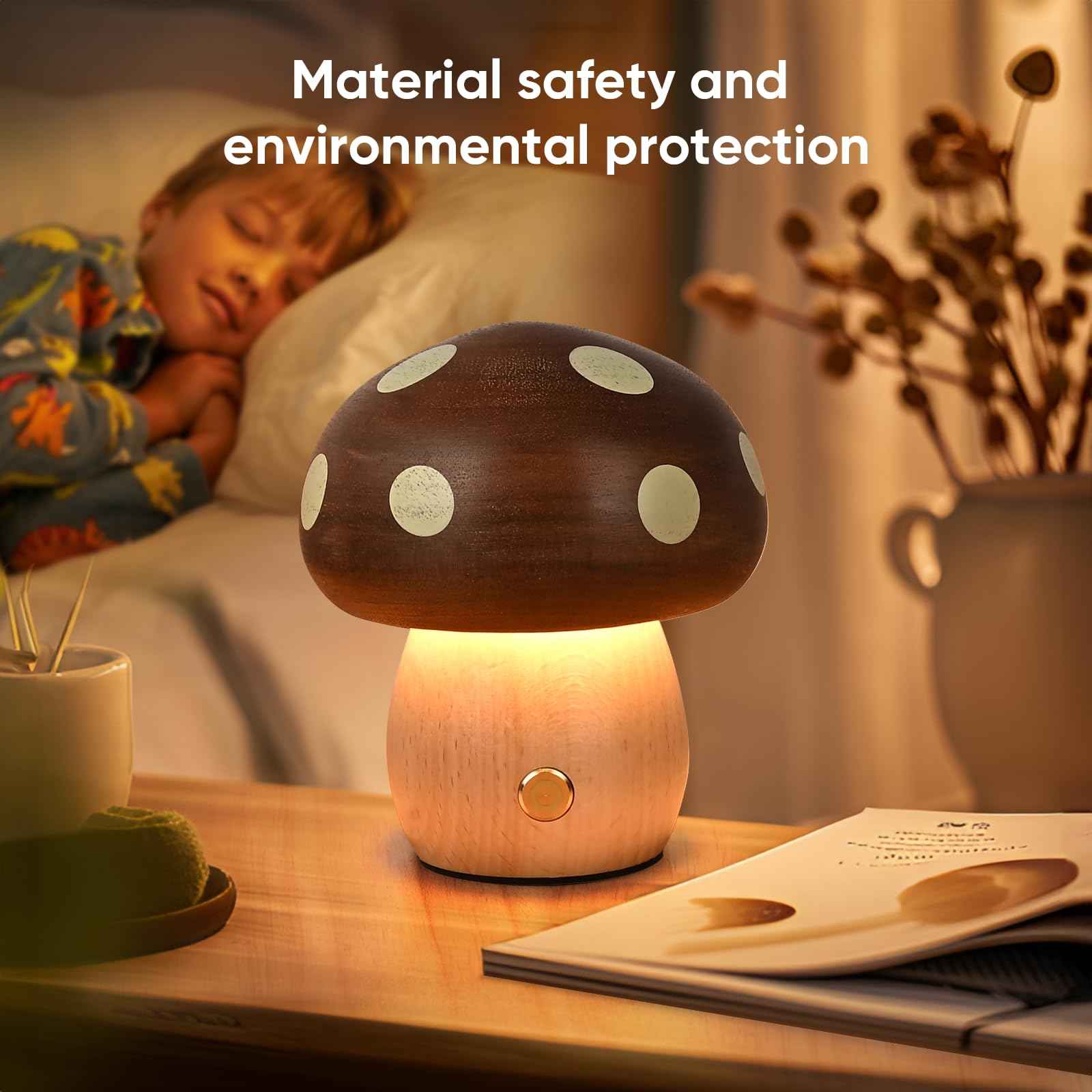LONRISWAY LED Wooden Mushroom Lamp, Rechargeable Battery Operated Portable Cordless Touch Switch Small Lamp, Stepless Dimming Night Light for Birthday Gifts