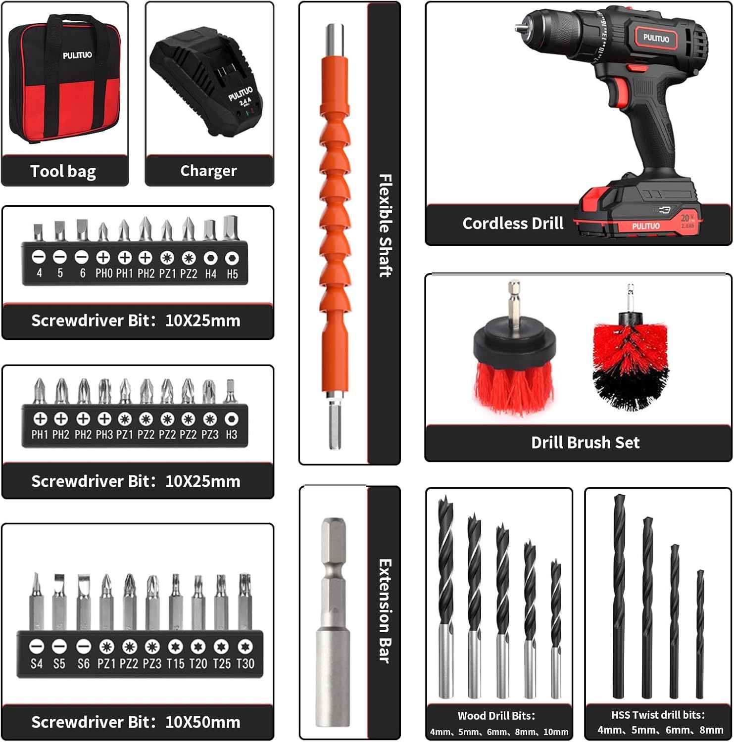 PULITUO'S 20V Cordless Drill/Driver, Electric Screwdriver - 2 Batteries, 30Nm, 21+1 Torque, 2 Speed, Keyless 3/8" Chase Drill with LED Light, Kit for Home (Green)