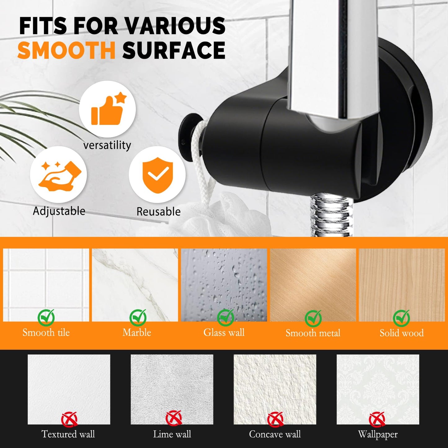 Shower Head Holder, Removable Suction Cup Shower Head Holder Wall Mount Adjustable Handheld Shower Head Bracket, Shower Heads Holder with Convenient Hook, Shower Wand & Hose Holder for Wall (Black)