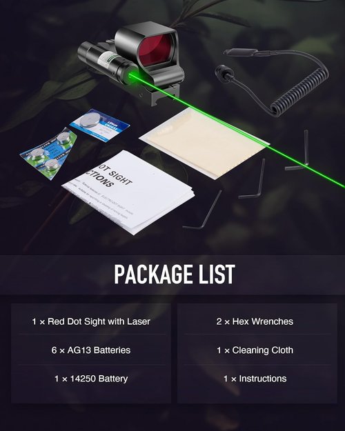 HIRAM Reflex Sight - 2 MOA Red Dot Sight with Green Laser | 4 Reticle Patterns & 8 Brightness Settings for Tactical Use