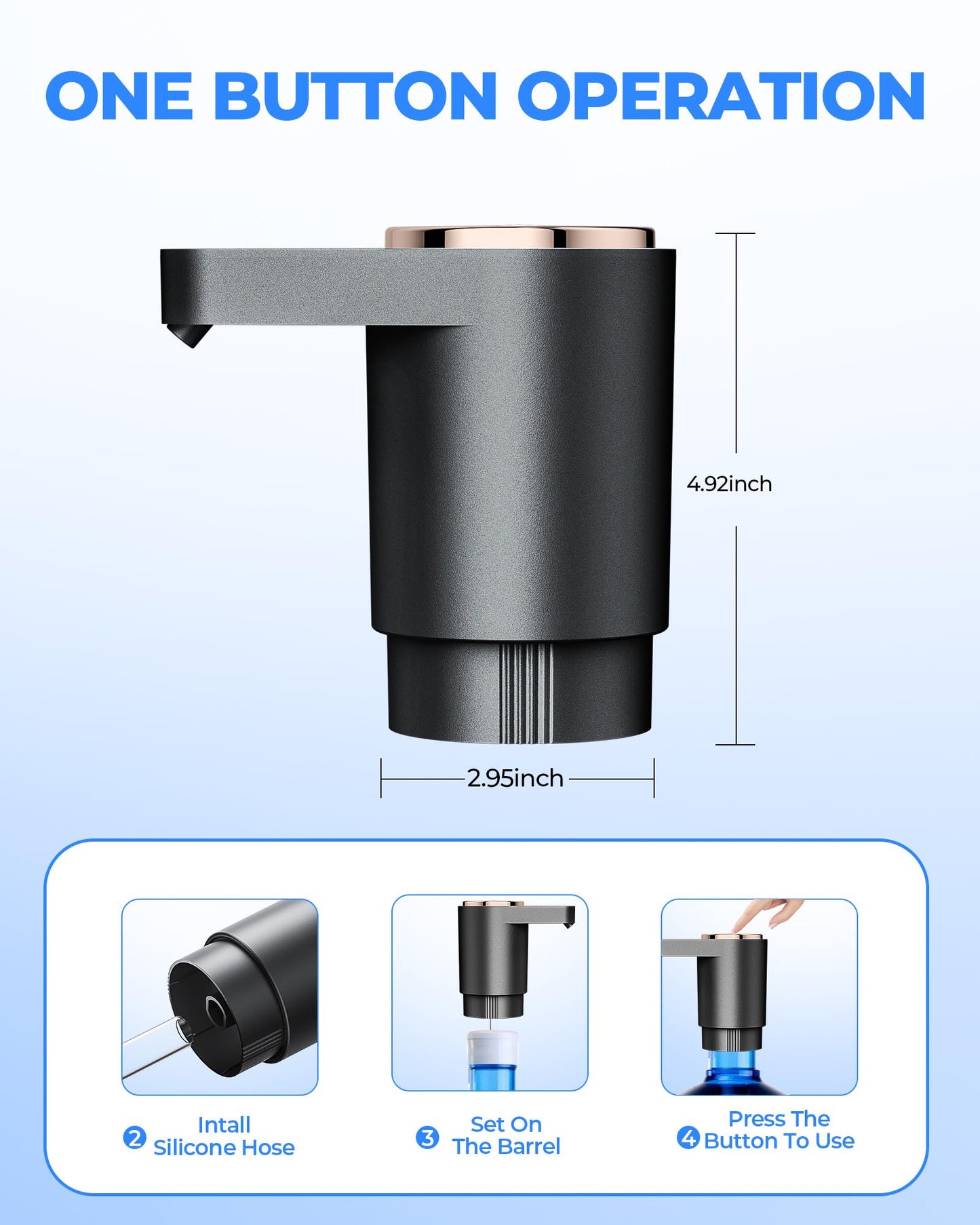 Water Bottle Pump, Portable Electric Water Dispenser Pump for 5 Gallon Bottles - USB Charging, Automatic Switch, Rechargeable Battery for Home Kitchen Room Camping, Black