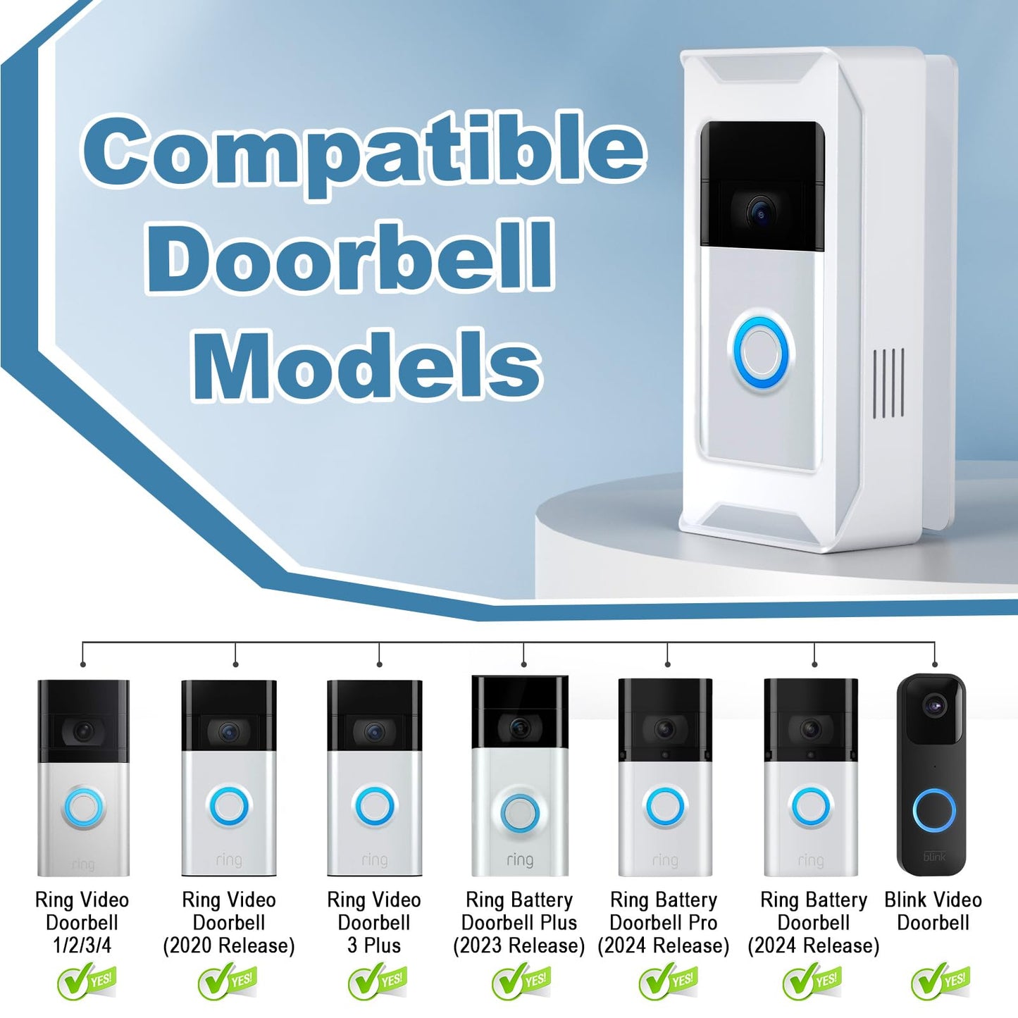 Anti-Theft Video Doorbell Mount Compatible with Ring/Blink Wireless Camera Doorbell, Adjustable Angle Doorbell Mount No-Drill Battery Doorbell Bracket for Houses, Apartments, Businesses(White