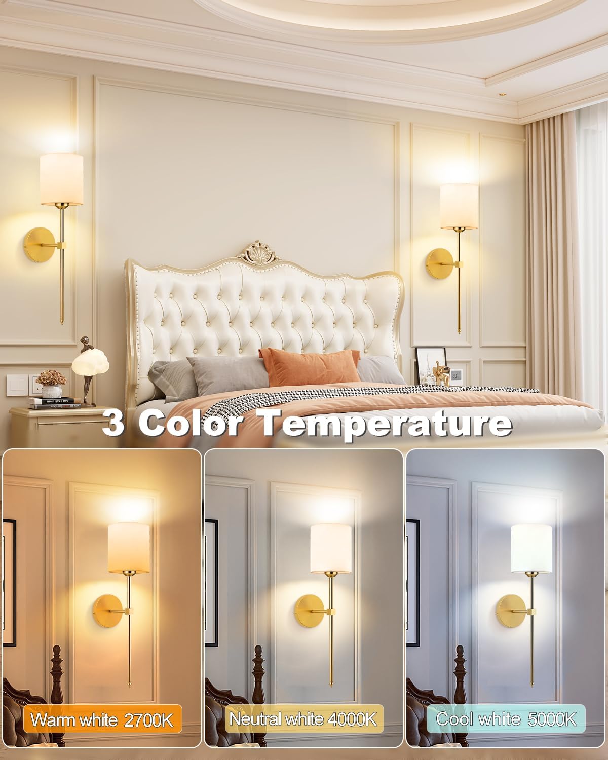 Rechargeable Black Wall Sconce Set of 2 - 5CCT Wireless Dimmable Lights with Remote for Bedroom & Living Room