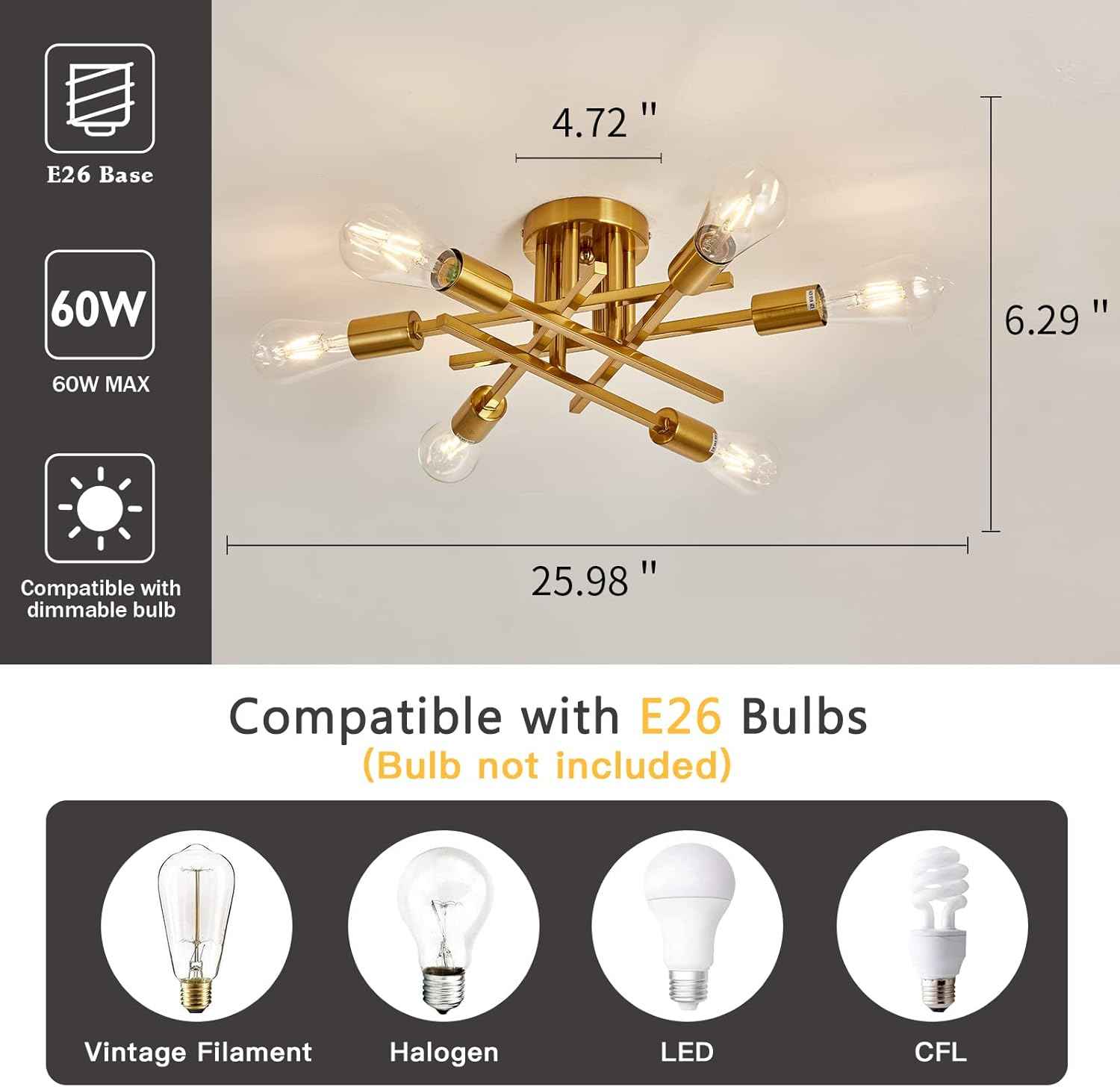 Gold Modern 6-Light Semi Flush Mount Ceiling Light Fixture - Vintage Sputnik Chandelier for Kitchen, Dining & Living Room
