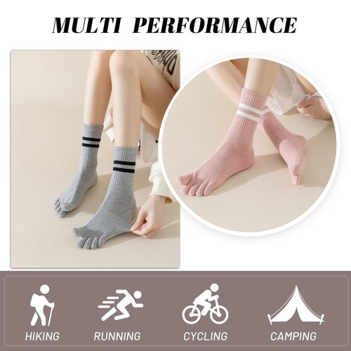 Toe Socks Women Five Fingers Crew Socks for Running Athletic Hiking Comfort Toe Separator Barefoot Sock 4 Pairs Pink White Black Grey