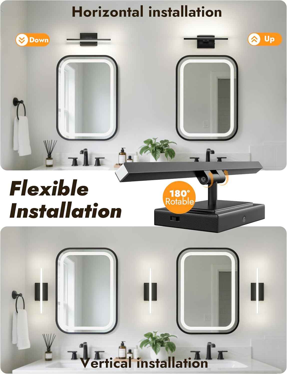 NIORSUN 24-Inch Dimmable LED Bathroom Vanity Light Fixture - Modern Black Over Mirror Lighting, 5CCT, ETL Certified