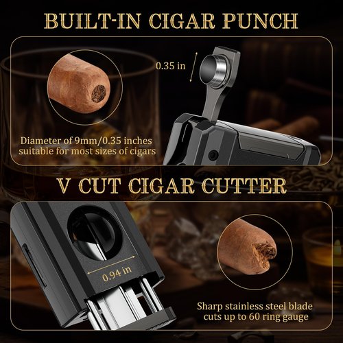 XIFEI Cigar Torch Lighter, 5-in-1 Refillable Butane Lighter with Cigar Cutter V Cut, Cigar Punch, Cigar Draw Enhancer, Cigar Holder, Multifunctional Windproof Lighters Triple Jet Flame (Black)