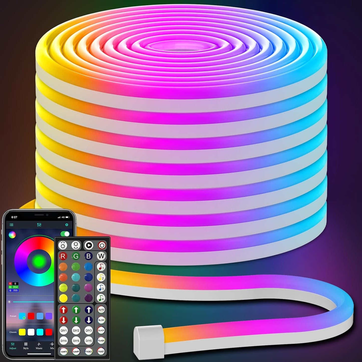 50FT LED Neon Rope Lights - App/Remote Control, Waterproof RGB Strip for Outdoor & Bedroom Decor, Music Sync & Multiple Modes