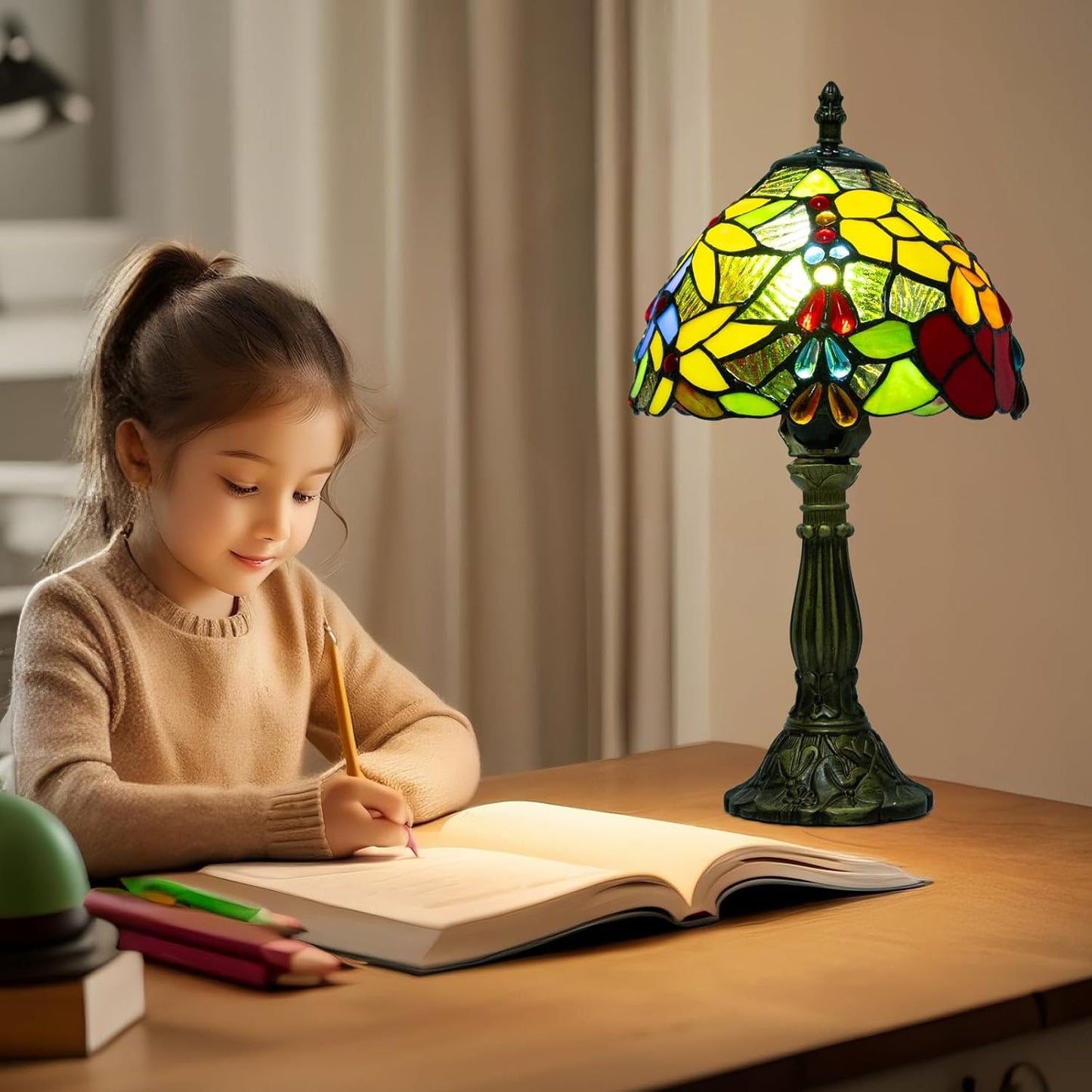 Tiffany Table Lamp - 8 Inch Antique Stained Glass, 3 Color Temperatures, Handcrafted for Bedroom & Living Room