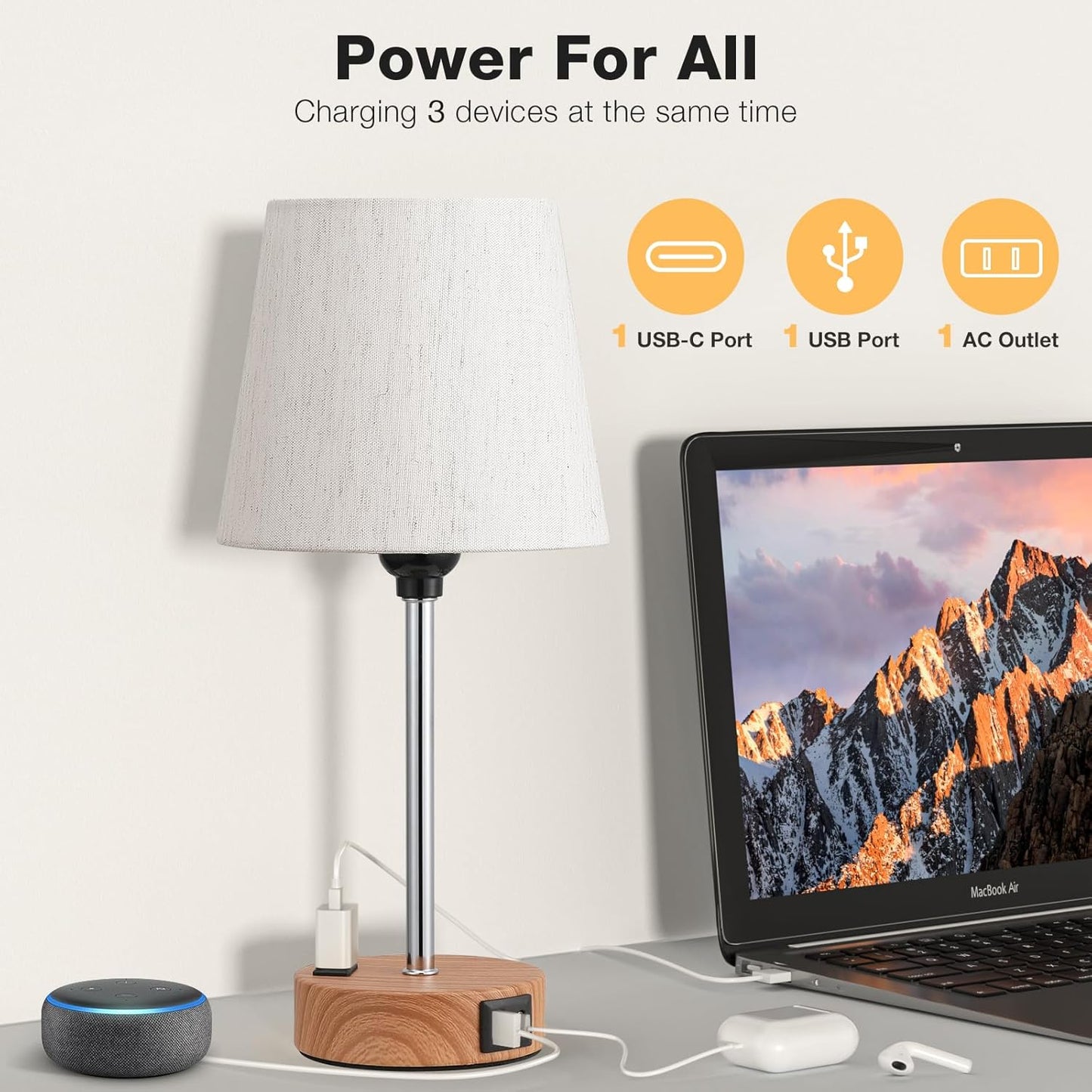 Set of 2 Mini Bedside Lamps with USB-C & AC Outlet - Dimmable Touch Nightstand Lights for Bedrooms