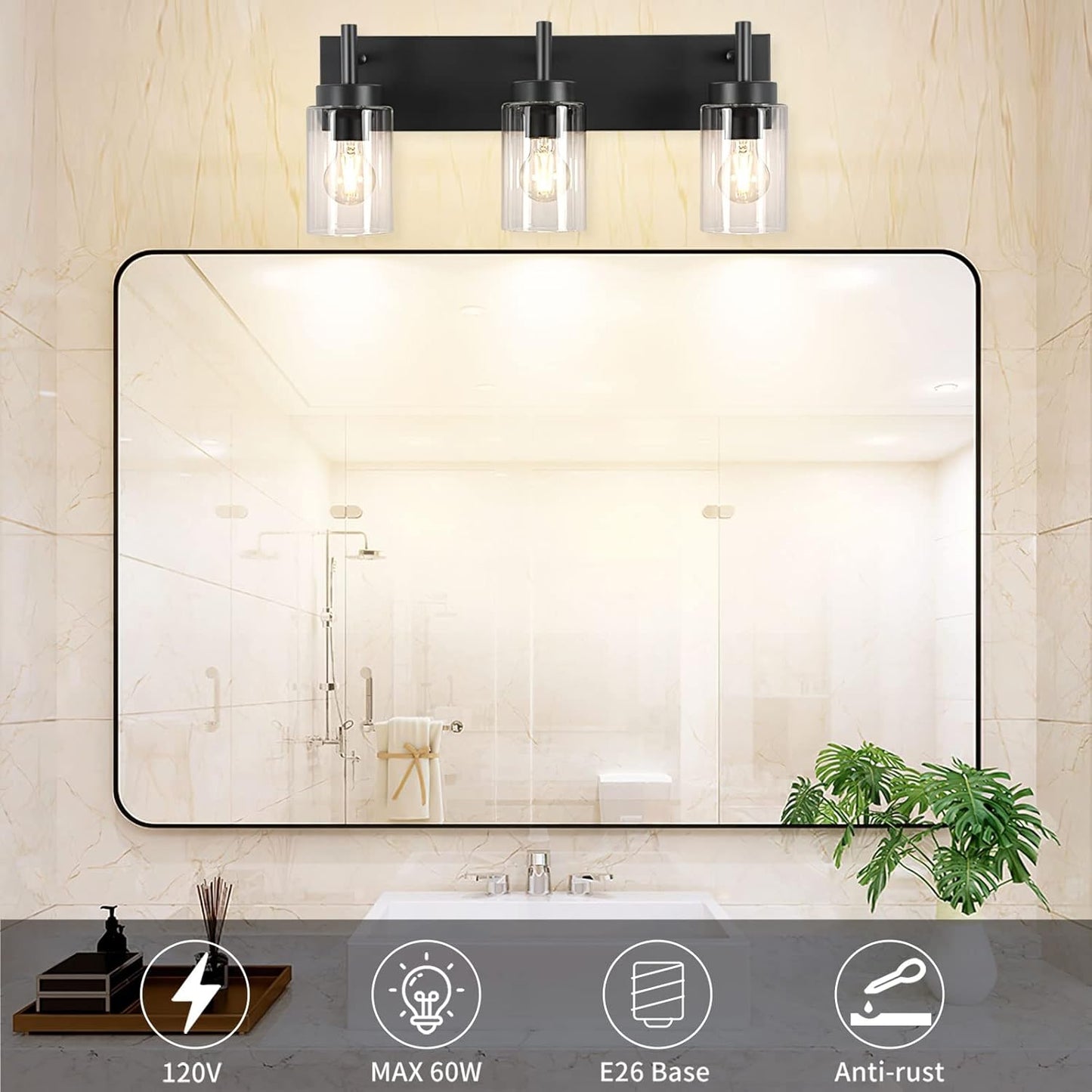 Modern Black 3-Light Bathroom Vanity Light Fixtures with Clear Glass Shades - 2 Pack