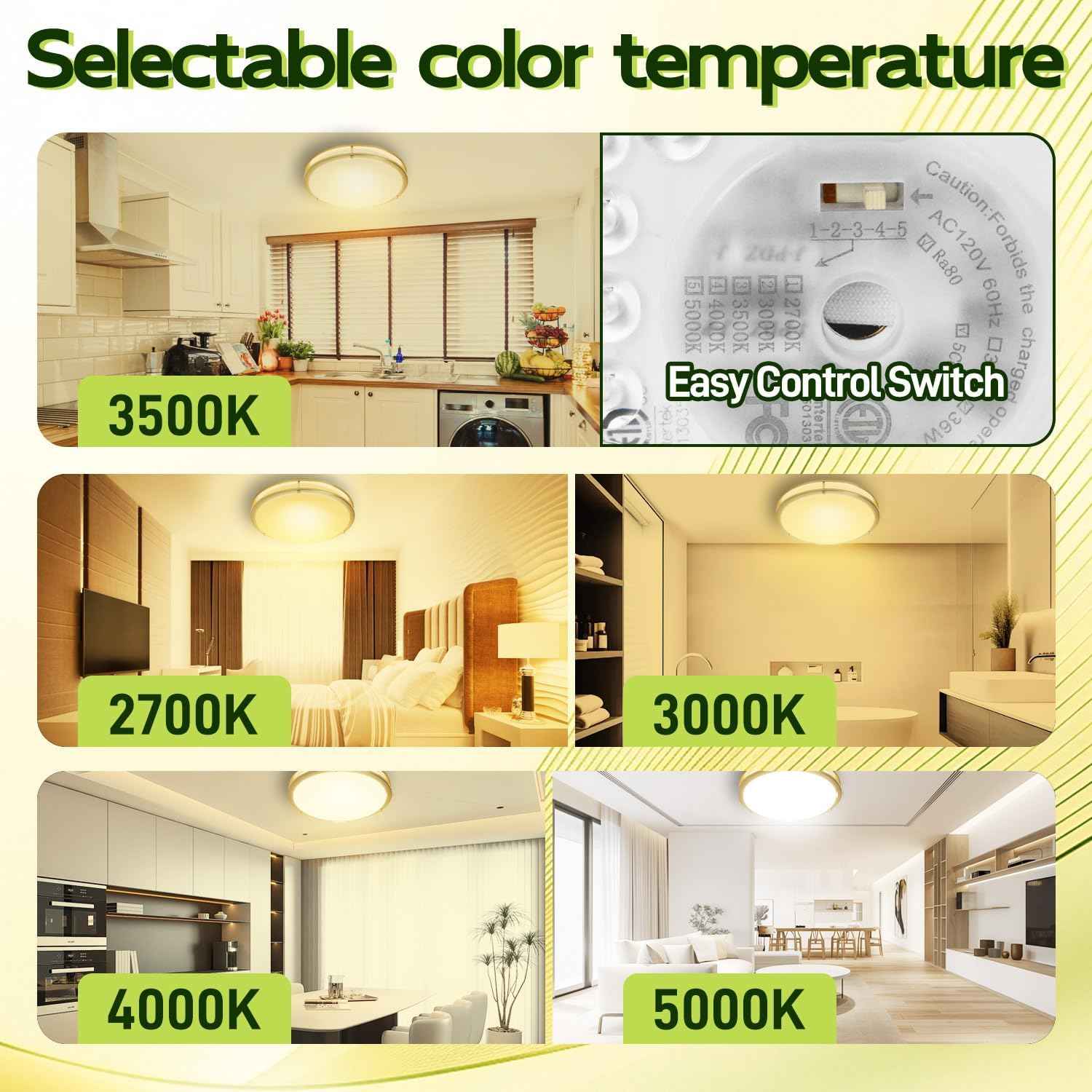 Adjustable 13-Inch Gold LED Flush Mount Ceiling Light Fixture - Dimmable 2700K-5000K for Hallway, Bathroom & Kitchen (2-Pack)