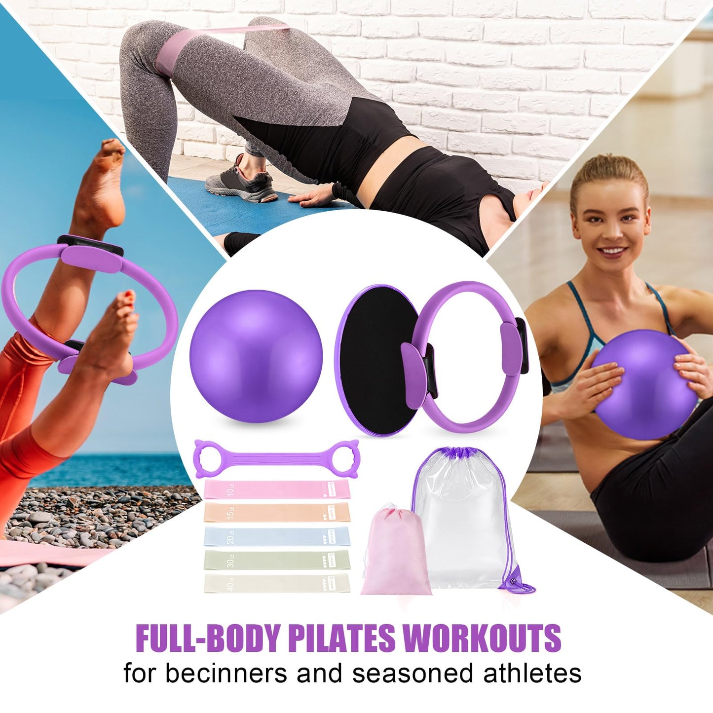 Silipull Pilates Ring Set for Women Exercise Equipment with 9 Inch Yoga Ball, Figure 8 Resistance Band, Sliding Disks, Yoga Bands Accessories Pilates Ring and Ball Set for Beginners Home Workouts