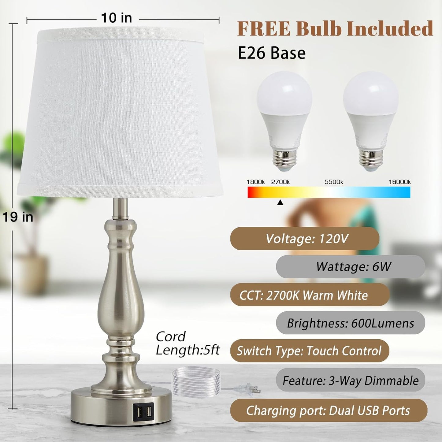 Touch Bedside Table Lamps Set of 2 with USB C+A Ports - 3-Way Dimmable Linen Shade