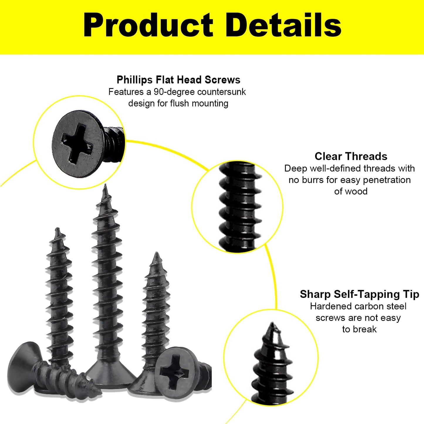 #4 Wood Screws Assortment Kit, Small Screws Set 500pcs, Short Cabinet Screw, Phillips Flat Head Self-Tapping Screw, Black Screws, Carbon Steel, Contains 50pcs M6 Screw Anchors