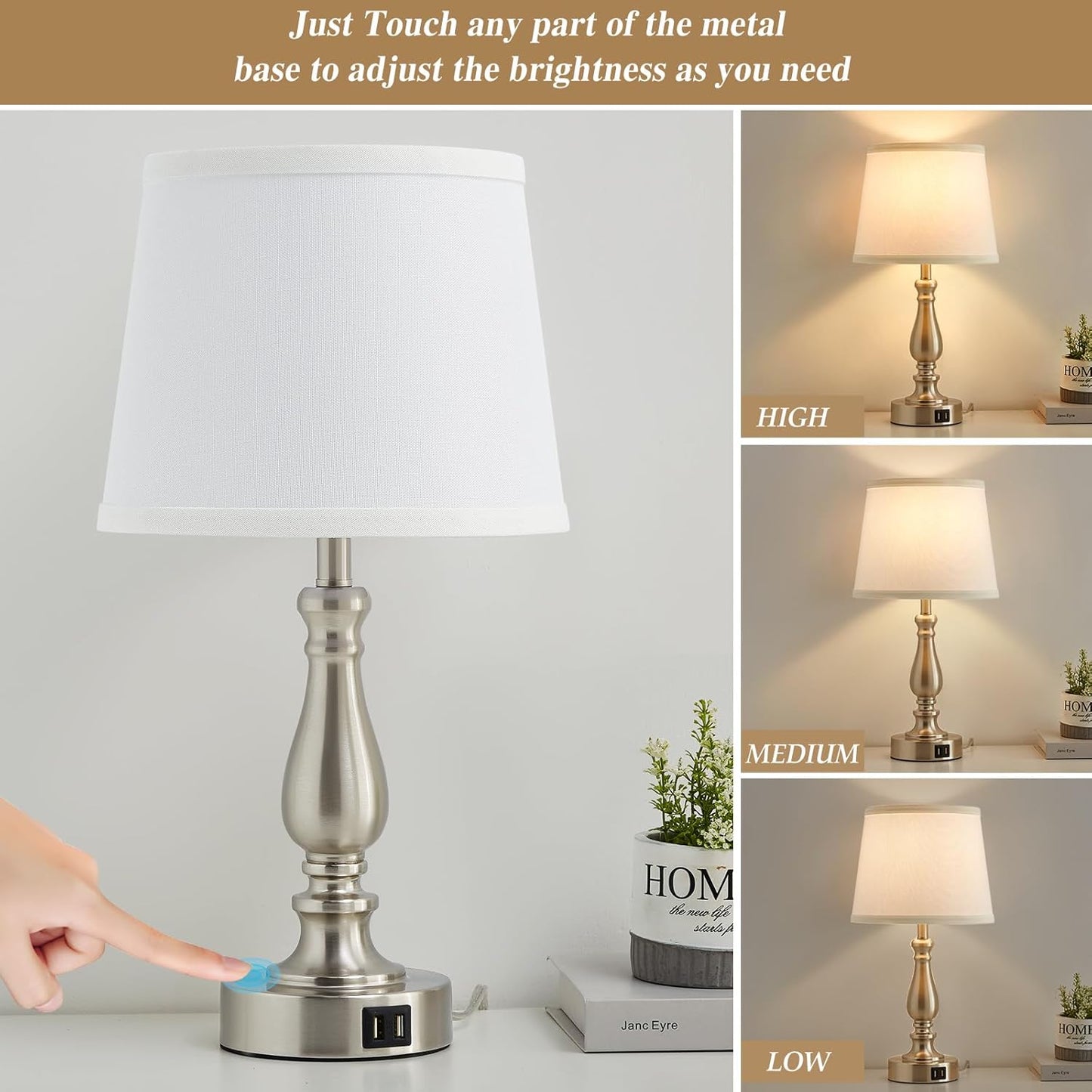 Touch Bedside Table Lamps Set of 2 with USB C+A Ports - 3-Way Dimmable Linen Shade