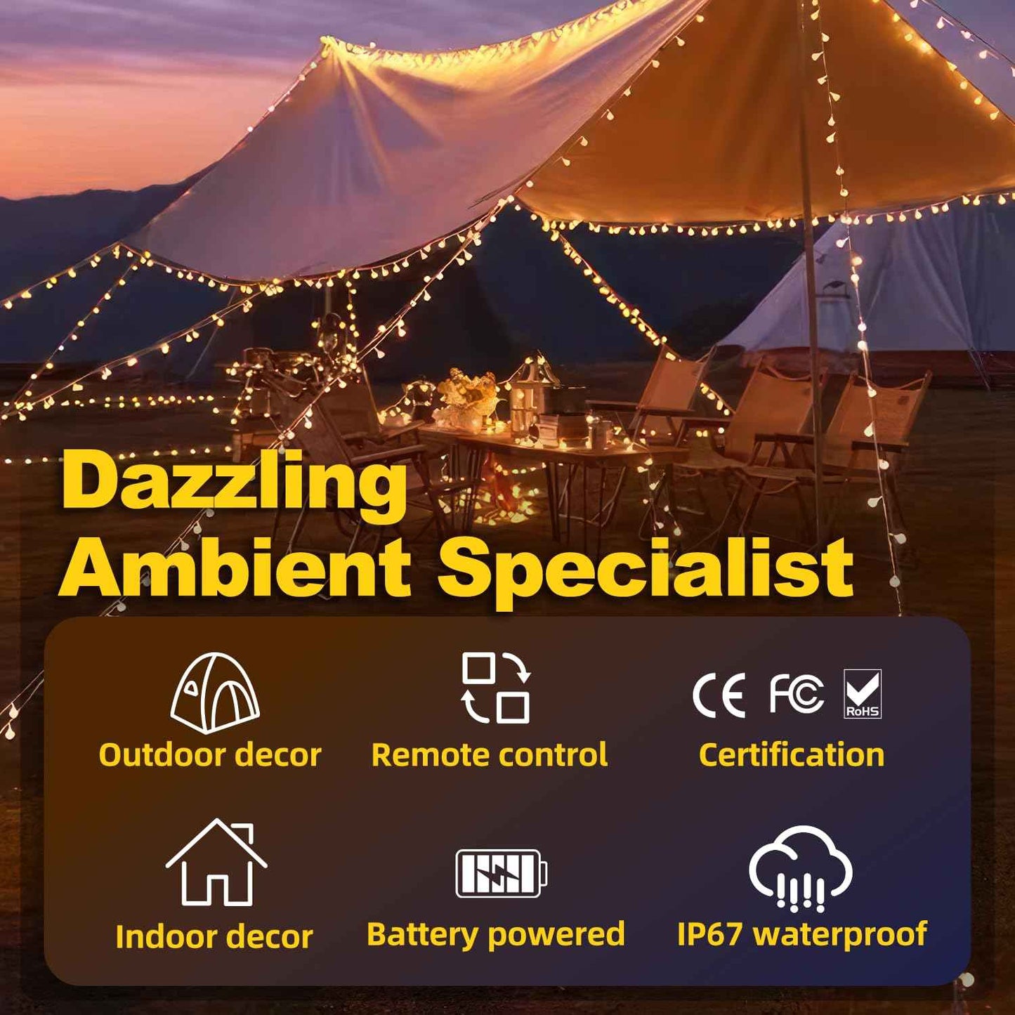 XZAI Globe Fairy String Lights, 33Ft 100LED Battery Operated with Remote, IP67 Waterproof Indoor Outdoor Hanging Crystal Beads for Home Party Patio Garden, Warm Yellow