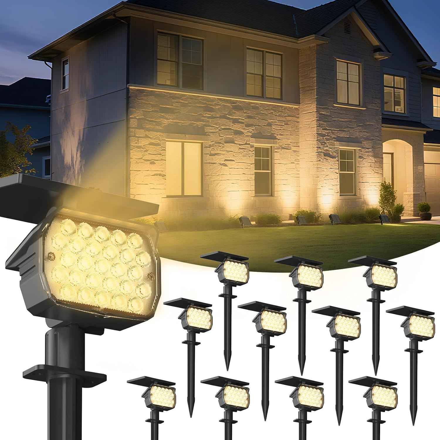 VOLISUN 8-Pack Solar Landscape Spotlights - IP67 Waterproof Uplights for Garden & Pathway, 27 LED Warm White, 3 Lighting Modes