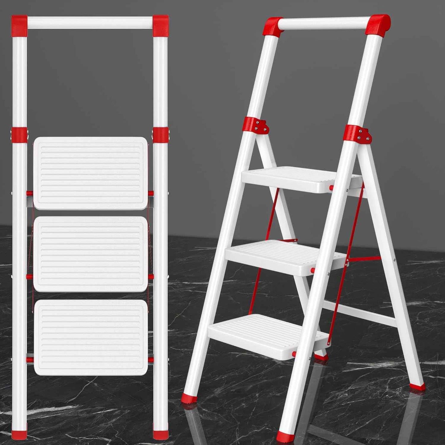 DIAMONDFORGE 4-Step Folding Ladder - Sturdy Steel Construction, Anti-Slip Pedals & Feet, Handgrip - Home Use, White & Red